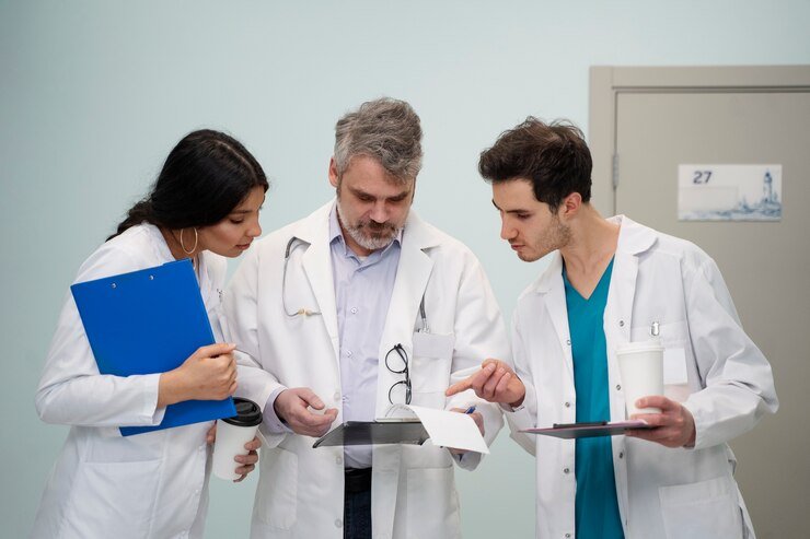 Doctores de tiro medio discutiendo