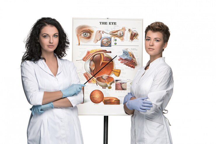 Dos mujeres ópticas u oculistas que hablan sobre la estructura del ojo.
