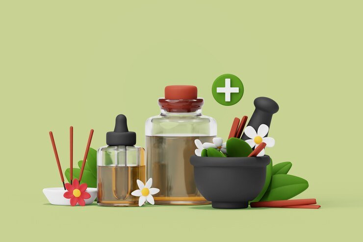 Ilustración 3d con composición de medicina alternativa.