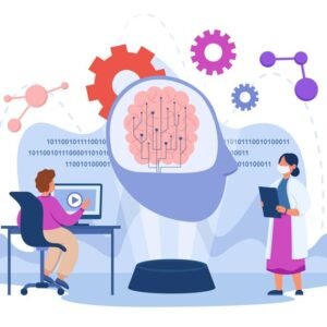 Pequeños científicos que desarrollan ia utilizando el aprendizaje automático. ilustración de vector plano de datos de computación cerebral. inteligencia artificial, tecnología, concepto científico para banner, diseño de sitios web o página web de inicio